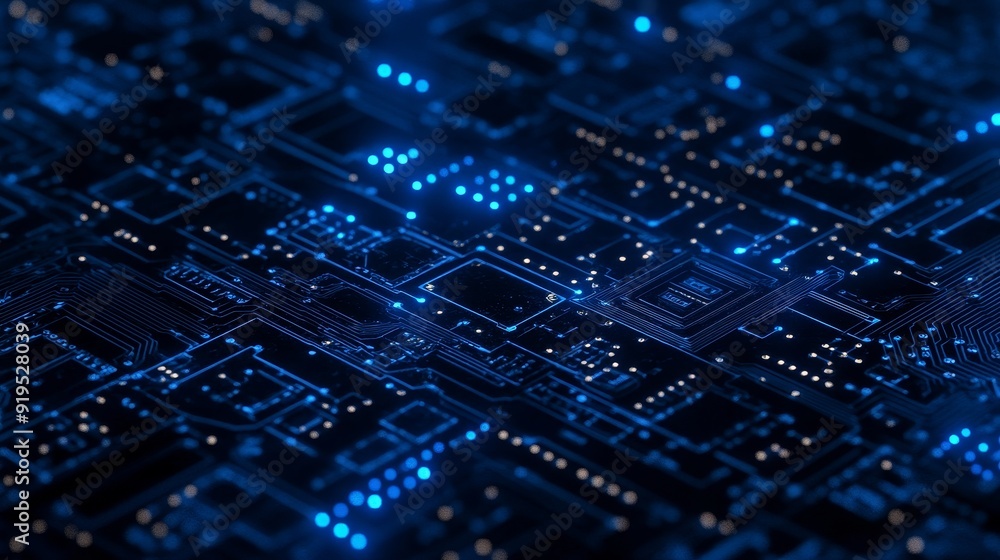 Poster 3d rendering of futuristic electronic circuit board with microchips and processors. conceptual techn