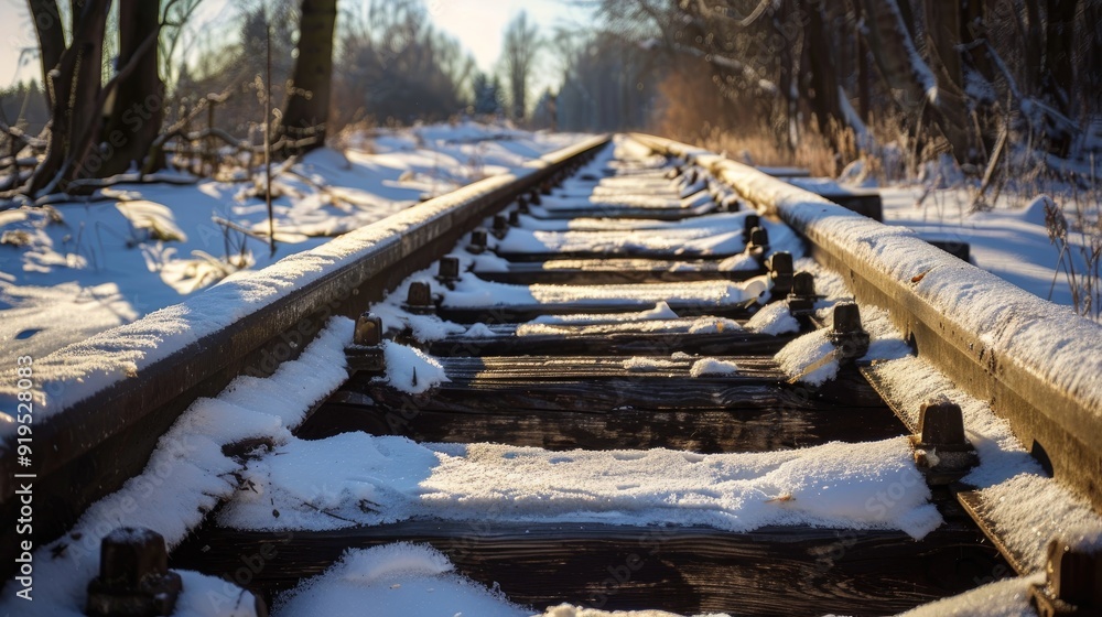 Poster renewing a winter railway track with stacked old rails and sleepers