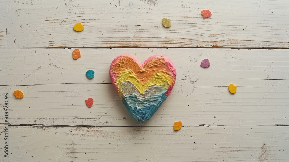 Poster retro multicolored heart on white wood backdrop with text space top view
