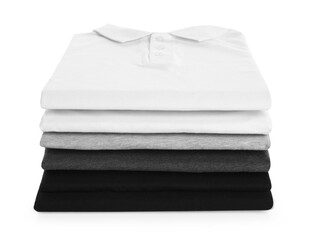 Stack of clean colorful t-shirts isolated on white