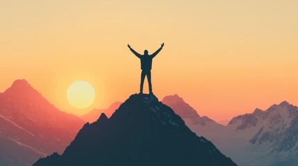 Triumphant Climber Celebrating at Mountain Summit at Sunrise.