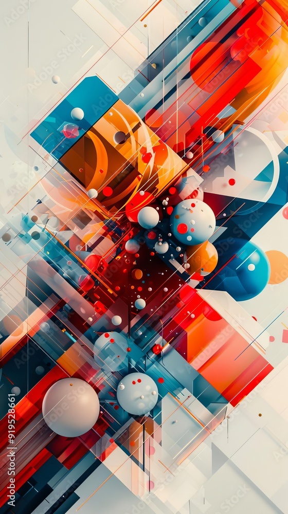 Poster dynamic abstract composition with geometric shapes and vibrant colors, blending 3d elements in an en