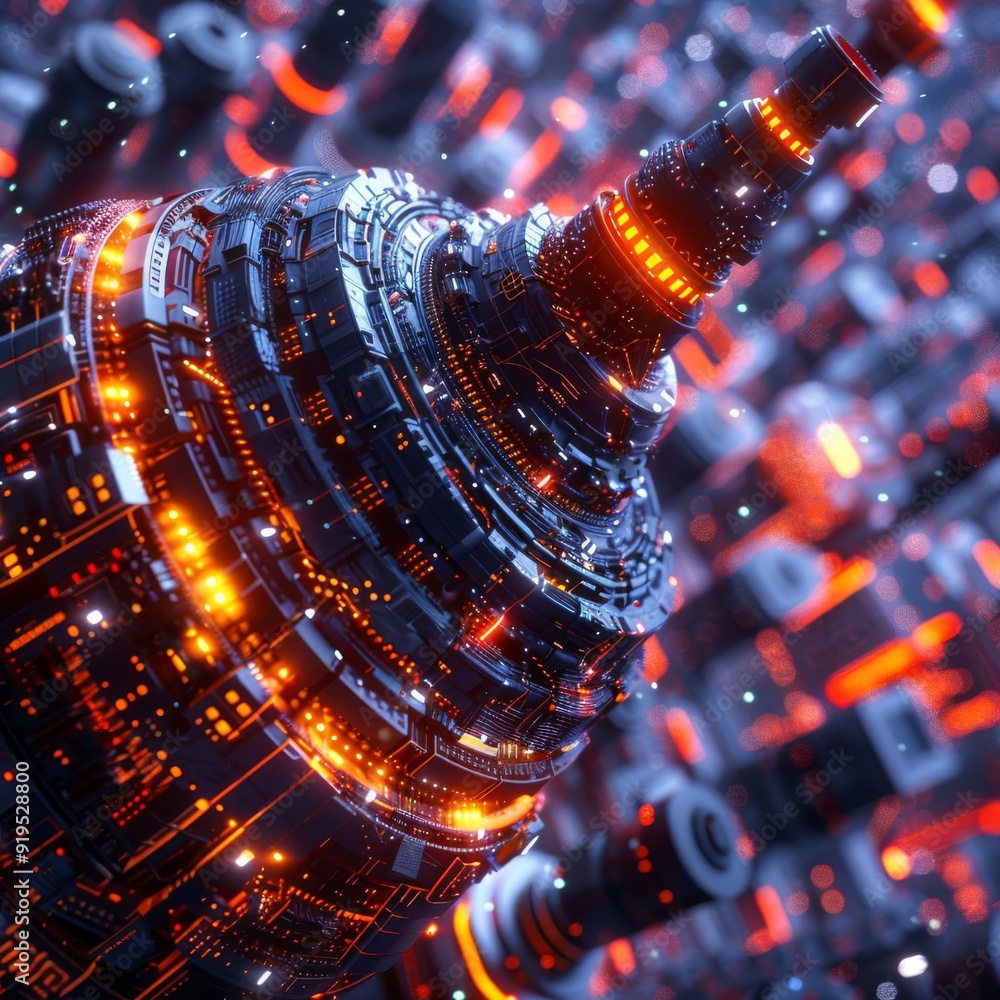 Poster futuristic glowing circular structure with complex technology elements, showcasing advanced sci-fi d