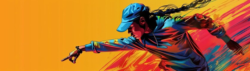 Naklejka premium Dynamic illustration of person in motion pointing forward with vibrant colors and an exciting background. Artistic expression and energy.