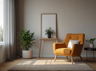 Interior Mockup with two white frames against the background. Elegant working space, home office concept. Scandinavian interior design.