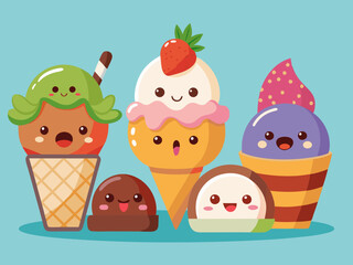 Cartoon ice cream. Sweet sundae, gelato in cone, cute chocolate summer freeze dessert, fruit popsicle, delicious scoop ice cream with animal face. Vector set 
