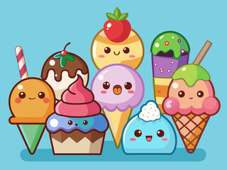 Cartoon ice cream. Sweet sundae, gelato in cone, cute chocolate summer freeze dessert, fruit popsicle, delicious scoop ice cream with animal face. Vector set 
