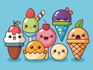 Cartoon ice cream. Sweet sundae, gelato in cone, cute chocolate summer freeze dessert, fruit popsicle, delicious scoop ice cream with animal face. Vector set 
