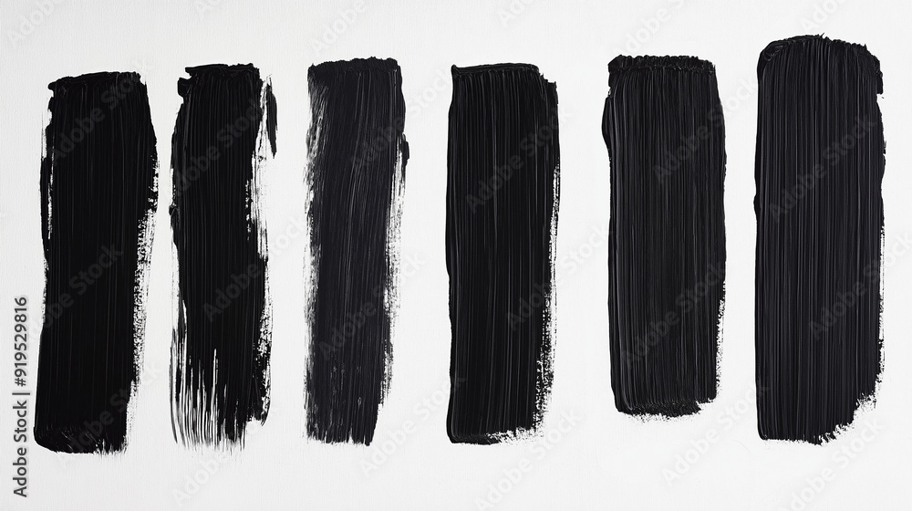 Poster six rectangular brush strokes, each with a distinct texture and shade of black. they are positioned 