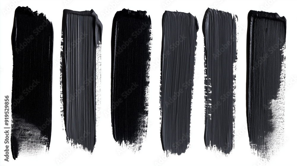 Poster six rectangular brush strokes, each with a distinct texture and shade of black. they are positioned 