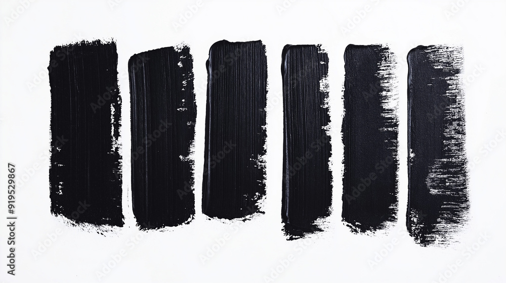 Poster six rectangular brush strokes, each with a distinct texture and shade of black. they are positioned 