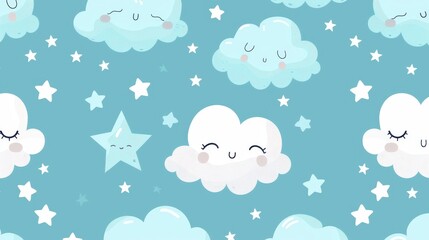 A playful design showcases smiling clouds and stars against a soothing blue backdrop