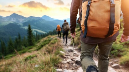 Friends hiking a mountain trail on Labor Day, celebrating with a breathtaking view at the summit, Labor Day, outdoor adventure