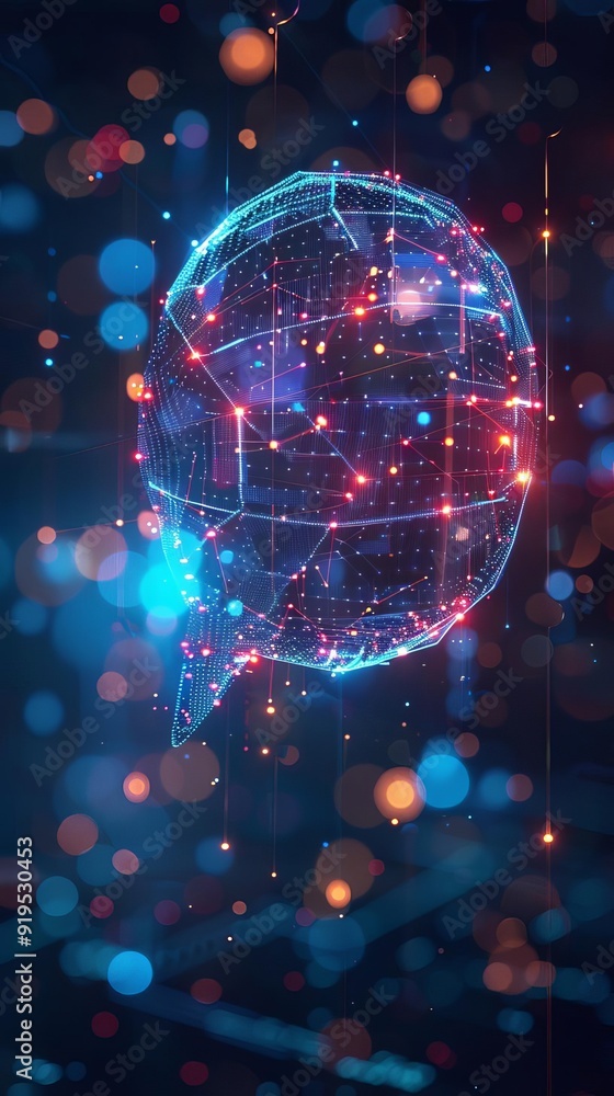 Poster abstract digital art depicting a glowing sphere with connecting lines and nodes, representing futuri