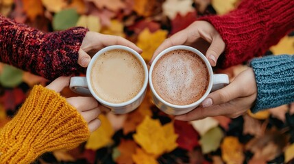 Friends toasting with mugs of hot apple cider at an outdoor gathering, surrounded by colorful fall leaves, celebrating the arrival of autumn, First Day of Fall, autumn gathering