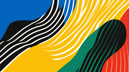 A vibrant and abstract design with multiple wavy lines of different colors. Starting from the top, there's a blue line that curves downwards, followed by a yellow line that arches to the right