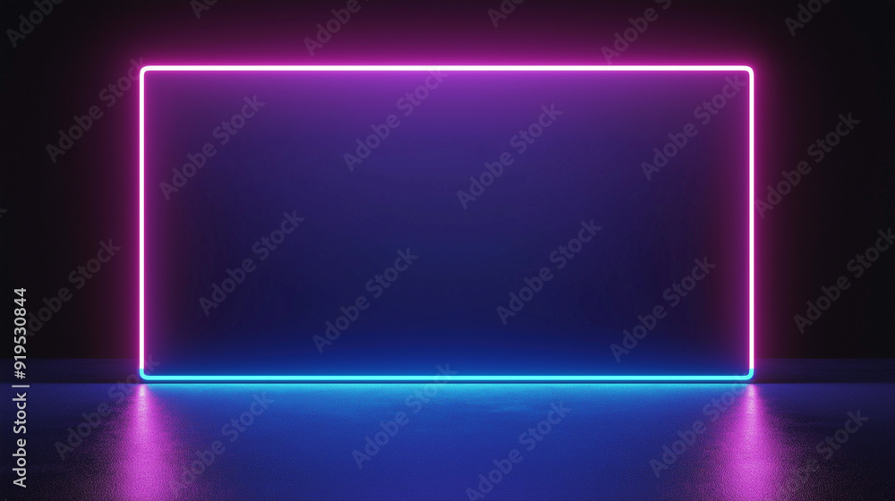 Poster a neon-lit rectangular frame against a dark background. the frame is illuminated with a gradient of 