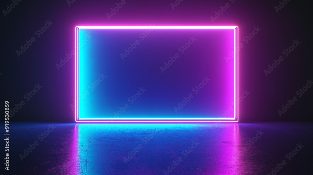 Poster a neon-lit rectangular frame against a dark background. the frame is illuminated with a gradient of 