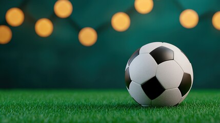 Fototapeta premium A classic black and white soccer ball resting on vibrant green grass, illuminated by soft glowing string lights in the background.