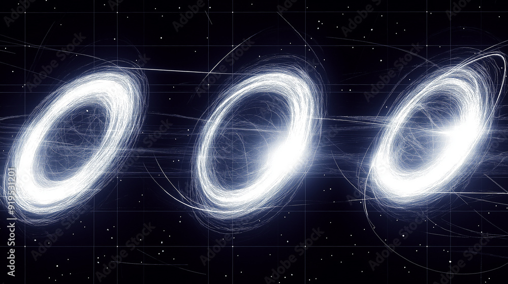 Poster three abstract, luminous, and swirling shapes, each with a unique oval or elliptical form. these sha