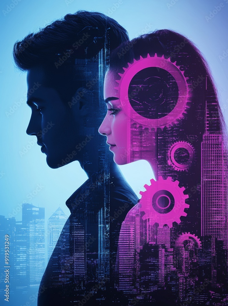 Aufkleber a double exposure gears mechanism on a blurred background. an abstract cover design that features a 