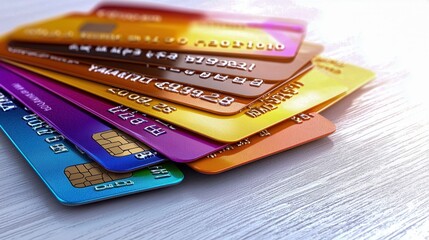 A collection of colorful credit cards stacked on a reflective surface, showcasing modern payment options and financial diversity.