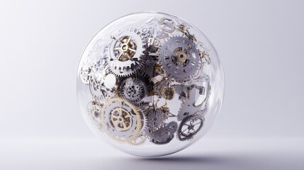 Transparent globe filled with gears and clockwork mechanisms, concept of time and technology, intricate mechanical design, futuristic innovation, symbolic of global machinery and precision