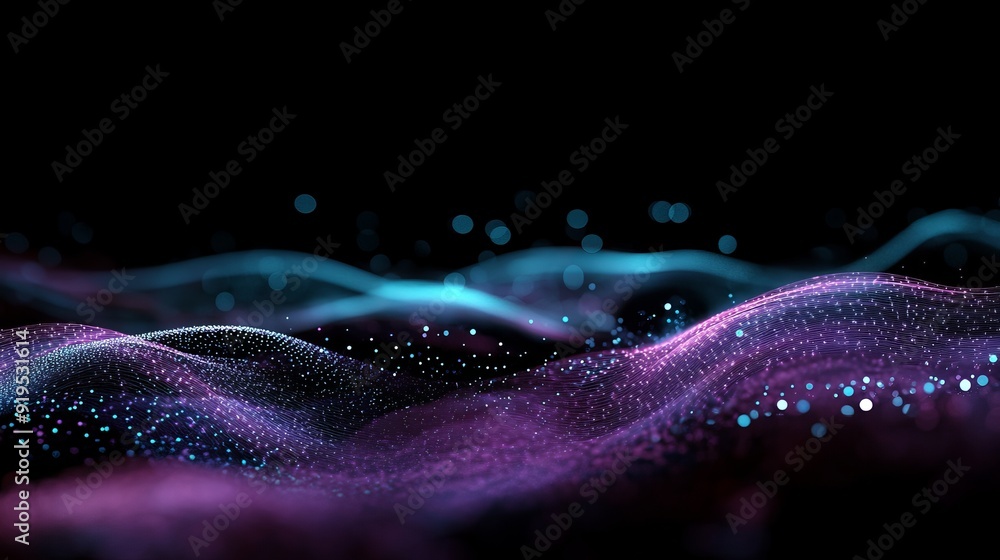 Poster The abstract wave is depicted on a dark background. The network is designed using particle techniques. Big data is depicted with an abstract light in black space. 3D rendering.