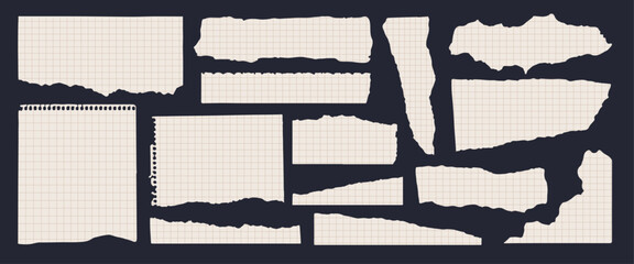 Set of 14 ripped squared notepad paper scraps. Torn paper sheet in retro style for scrapbooking. Vector distressed paper edge clipart.