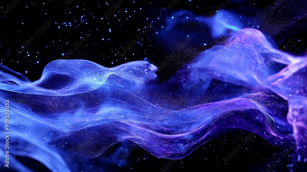 Poster an abstract wave on a dark background. particle network design. big data. abstract bright shine in b