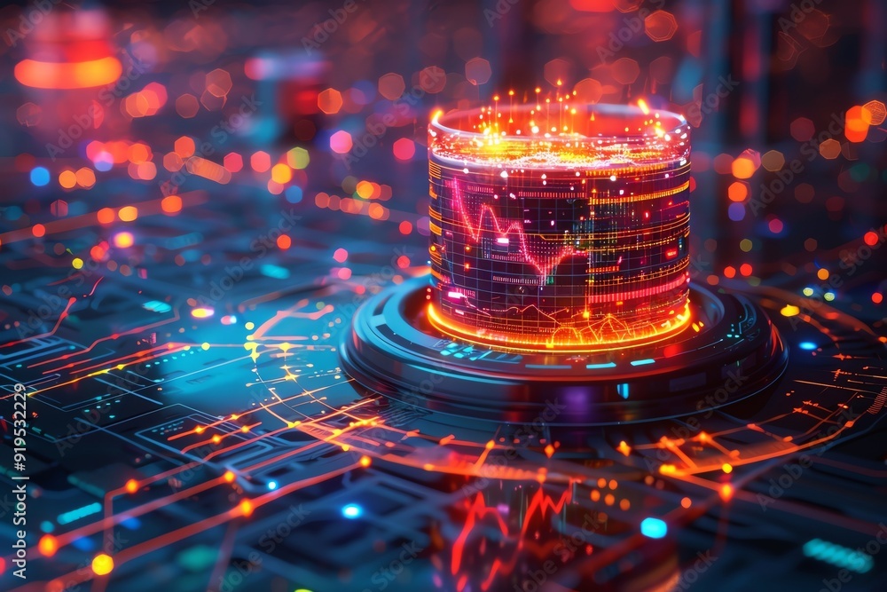 Poster futuristic digital interface with data visualization, glowing neon lights, and abstract circuitry re