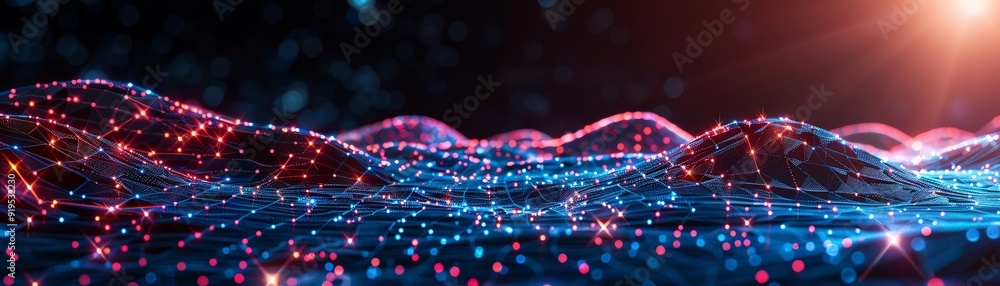 Poster abstract digital landscape with colorful neon lights and data points forming wave-like patterns, sym
