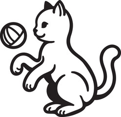 Silhouette vector illustration of cute cat playing with a ball outline. Kitten playing with ball.