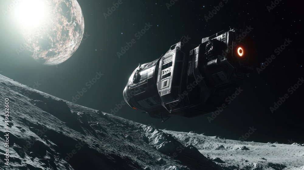 Poster spaceship hovering over a moon-like planet