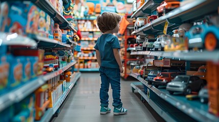 Obraz premium Child in a toy store aisle, gazing at shelves lined with colorful toy cars and vehicles, in a captivating shopping environment.