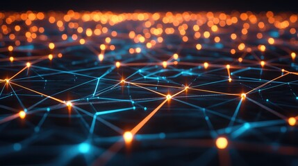 Glowing nodes connected by bright light lines, forming a dynamic network of data flow.