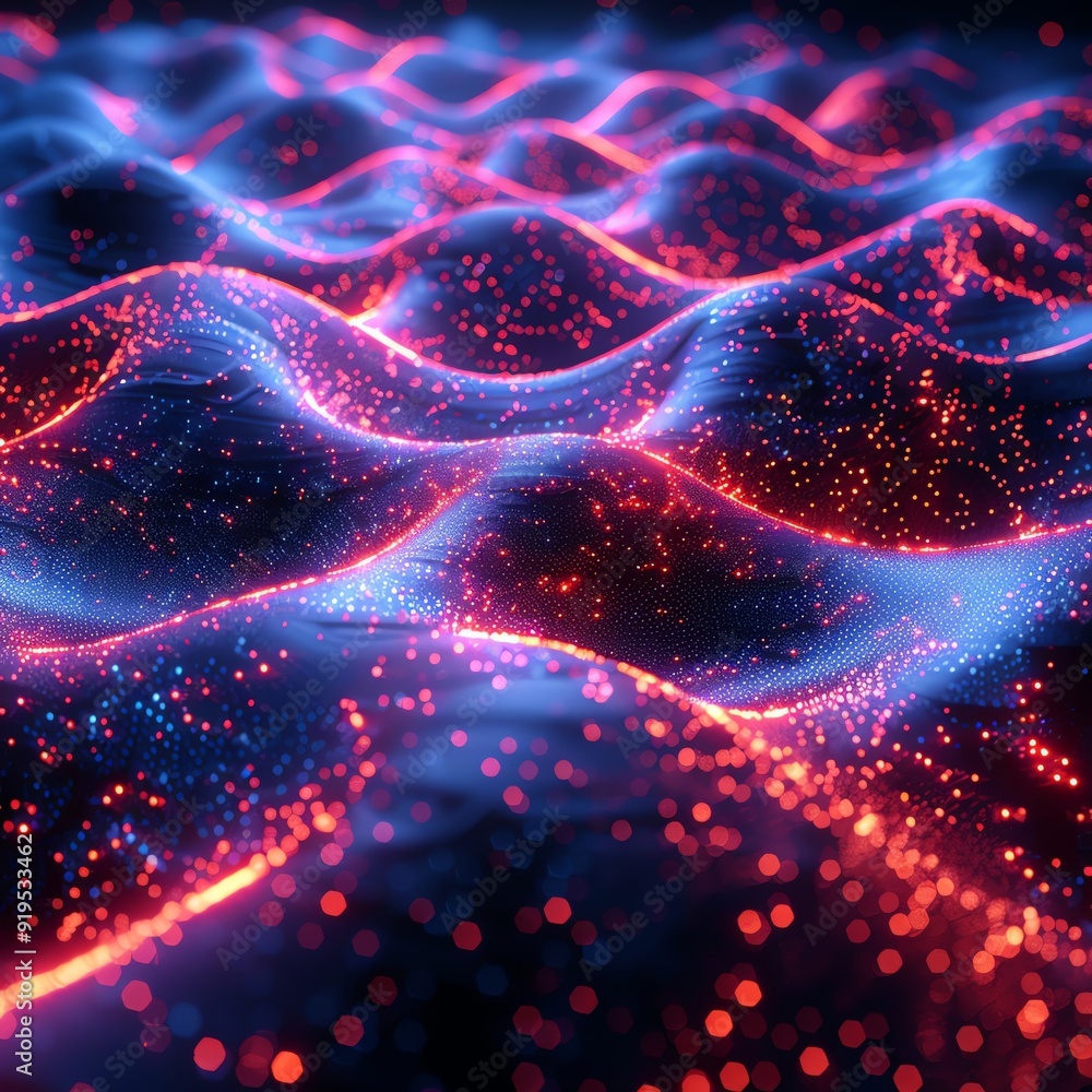 Poster abstract digital landscape with glowing particles and wave patterns in blue and red hues, creating a