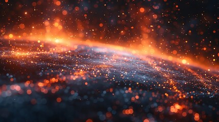 Fototapeta premium Abstract view of a glowing, fiery landscape with bright, orange light and scattered sparks, creating a dynamic and vibrant cosmic scene.
