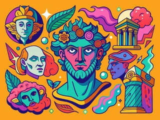 Psychedelic antique stickers. Ancient greek culture sticker pack in modern art style. Acid trendy Greece sculpture, trippy surreal elements, weird statue vector set
