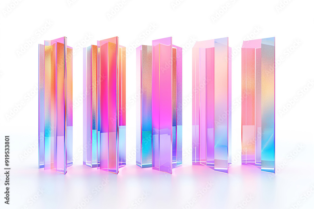 Poster pastel neon abstract figures stands in a row, giving a sense of futuristic design. image of multi co