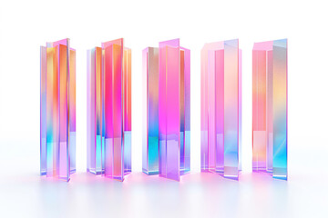 Fototapeta premium pastel neon abstract figures stands in a row, giving a sense of futuristic design. Image of multi coloured abstract twisted shapes.