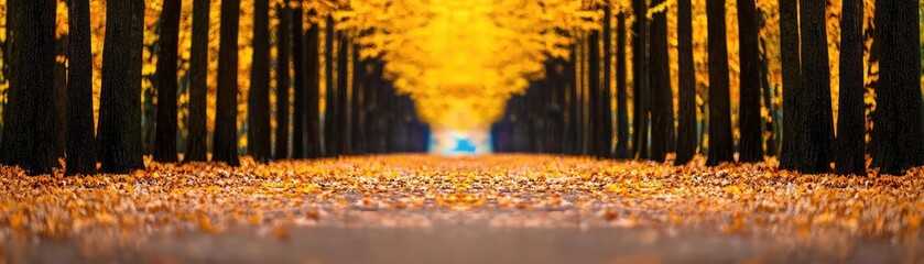Treelined path covered in golden leaves, soft light highlighting the first colors of autumn on the first day of fall, First Day of Fall, autumn colors