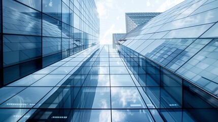 Obraz premium A sleek upward view of modern glass skyscrapers, reflecting the bright sky and surrounding architecture. The symmetrical design highlights contemporary urban development