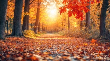 Fototapeta premium A bright autumn forest path covered with golden leaves, illuminated by warm sunlight. The vibrant colors create a beautiful, serene scene.