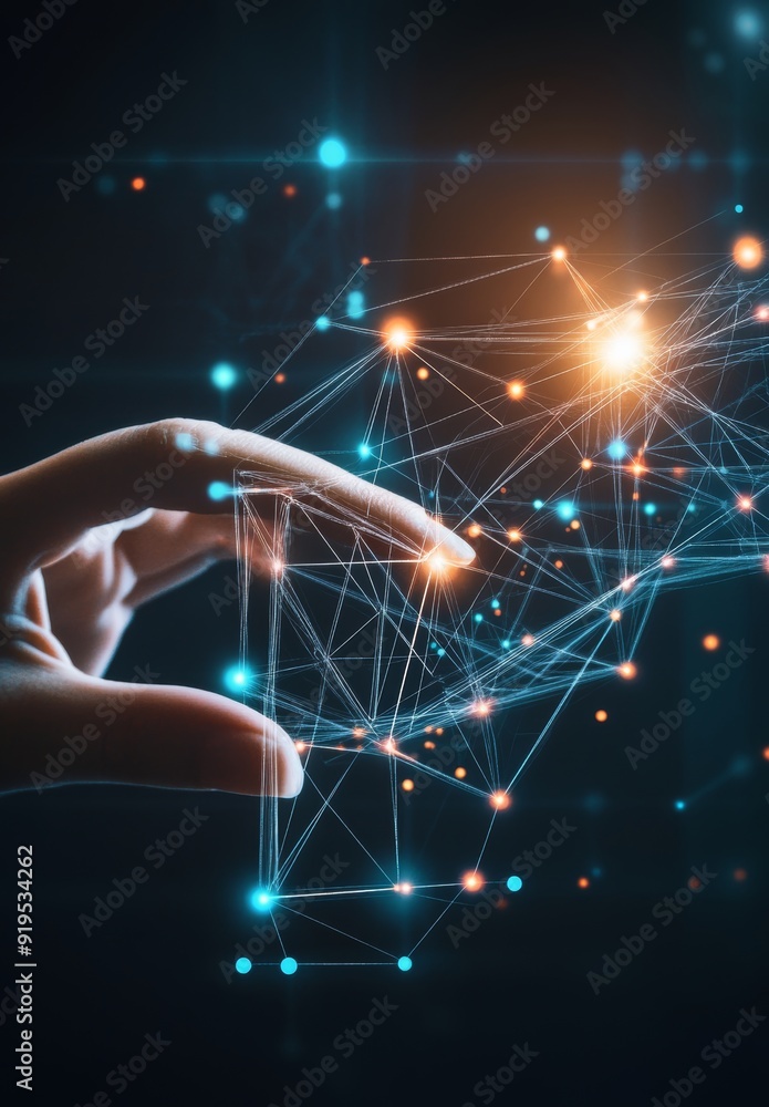 Poster businessman using dots and lines to render 3d digital network connections