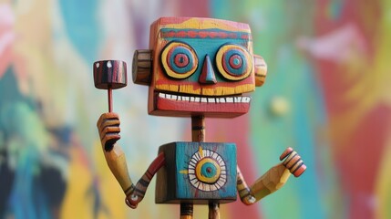 Colorful cartoon wood doll with movable joints, holding a tiny prop.
