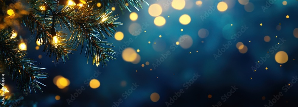 Sticker Close-up of a Pine Branch with Twinkling Lights Against a Blue Background