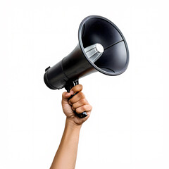 hand holding a megaphone isolated on white background