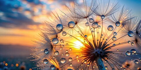 Drops of water on dandelion seeds with a background of sunrise , Morpho butterfly, dandelion, seeds, drops, water, sunrise