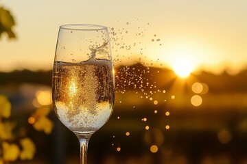 Cheers with Sparkling Wine as the Sun Sets A Beautiful and Joyful Celebration Experience. glass of sparkling wine filled with bubbles shines in warm sunlight, embodying joy, celebration, and elegance